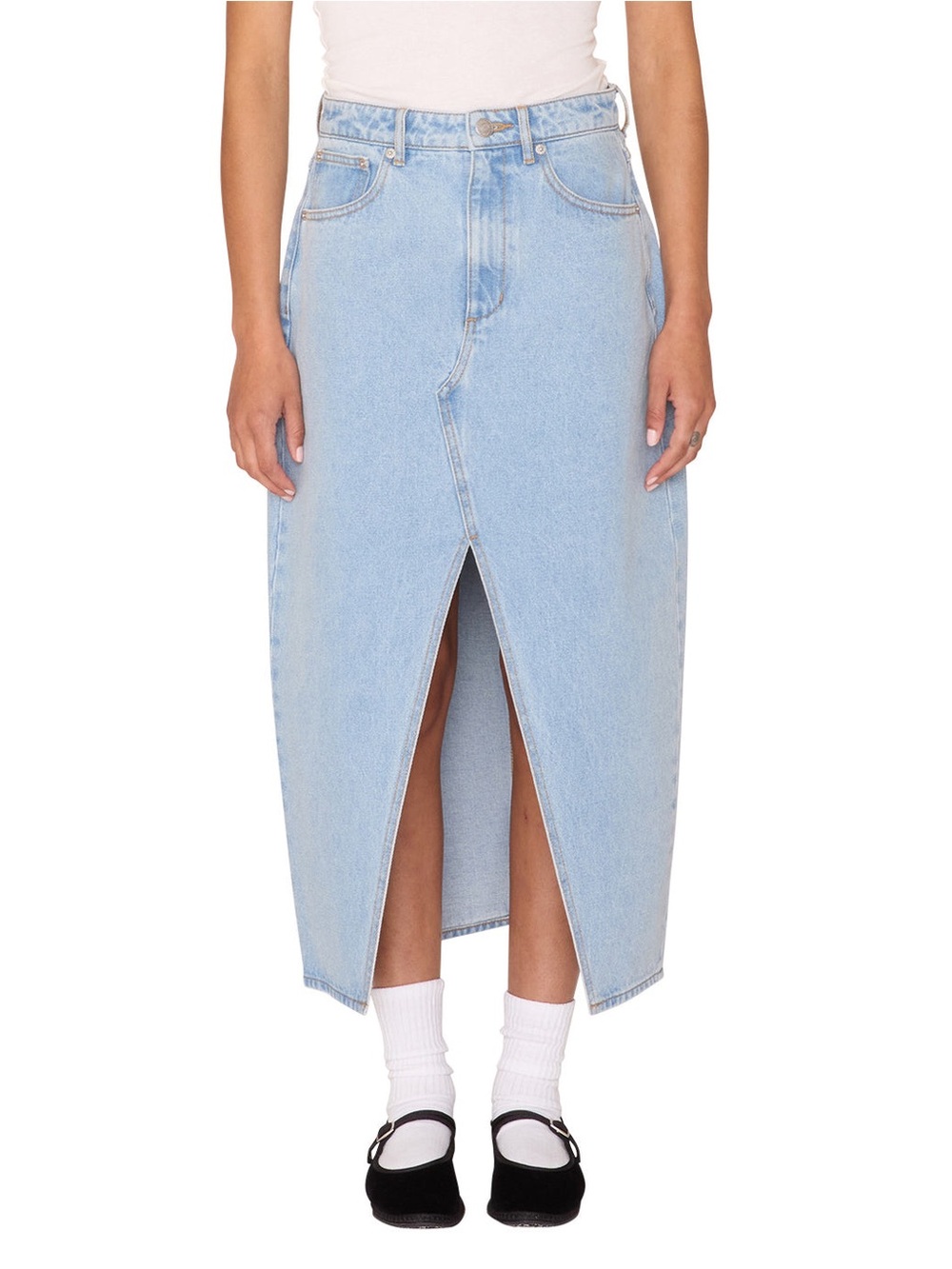 OBEY Simplex Denim Midi Skirt Cirrus Blue Wash Front Slit Size 26